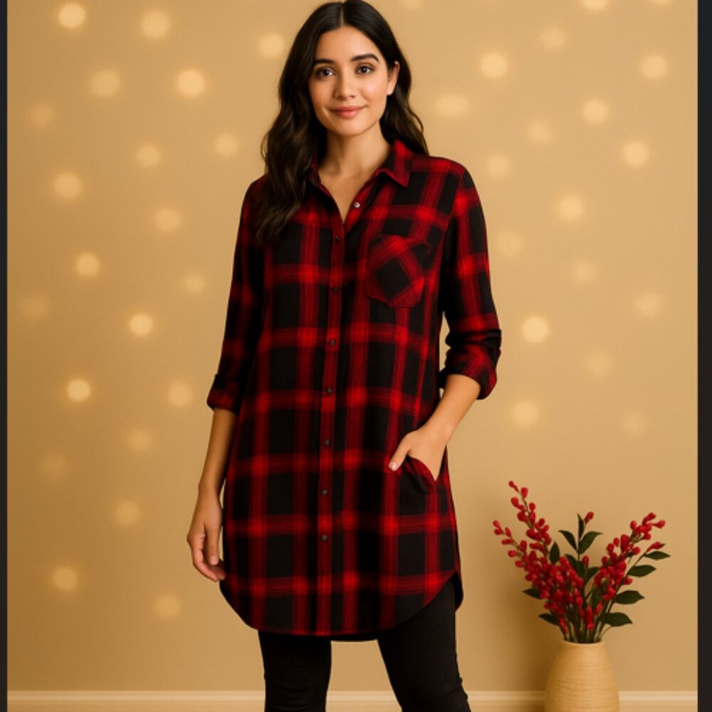 Lucky Brand Red & Black Plaid Tunic Top  XL -Convenient Slit Pockets-